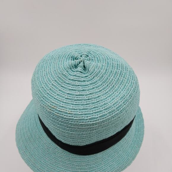 Rike's Light Blue Teal Woven Paper Straw Summer Hat with Black Ribbon Bow Accent - Picture 6 of 10